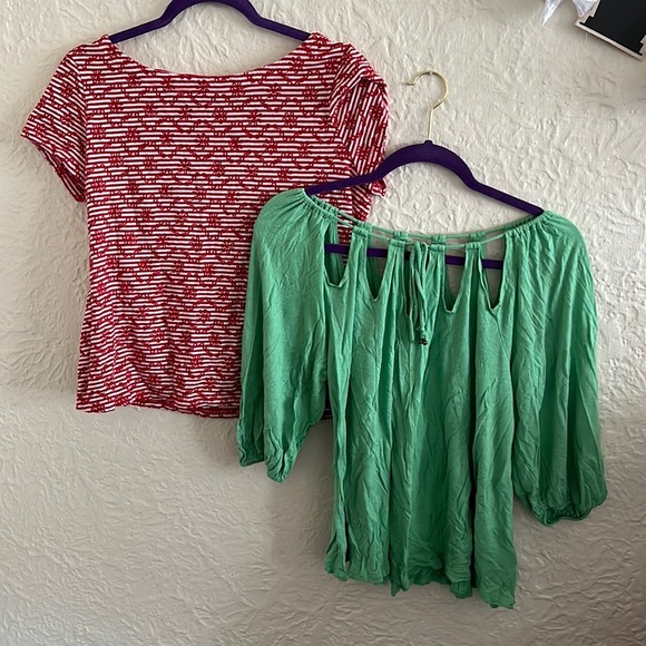 Anthropologie Top Bundle 2 Green Bells Cutout Red White Stripe Eyelet T-Shirt - Picture 1 of 16